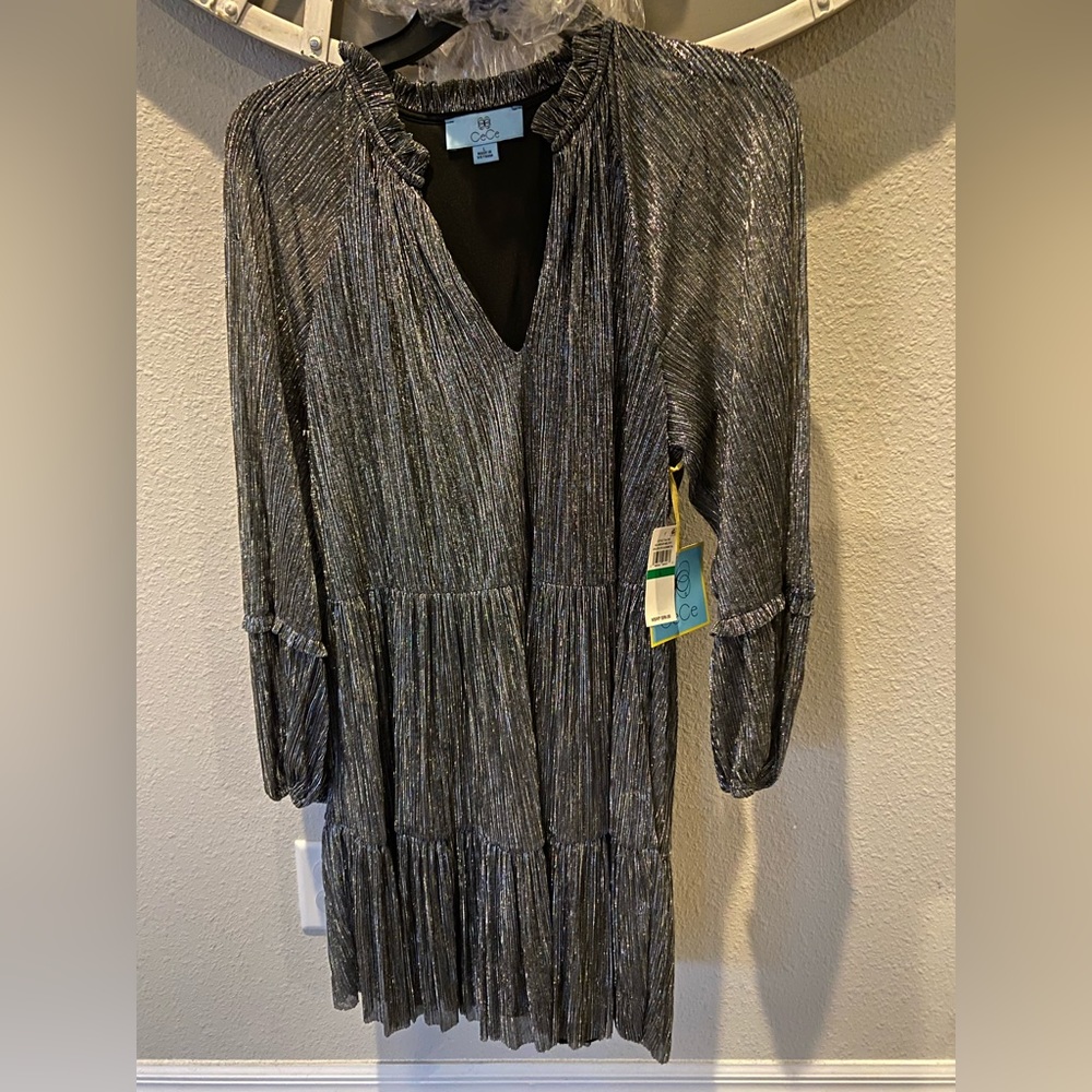 CeCe Metallic V-Neck Long Sleeve Tiered Dress Size L Gunmetal